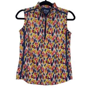 FRINGE Sleeveless Stand Up Collar Knit Golf Top Primrose Yellow Floral NWT XS